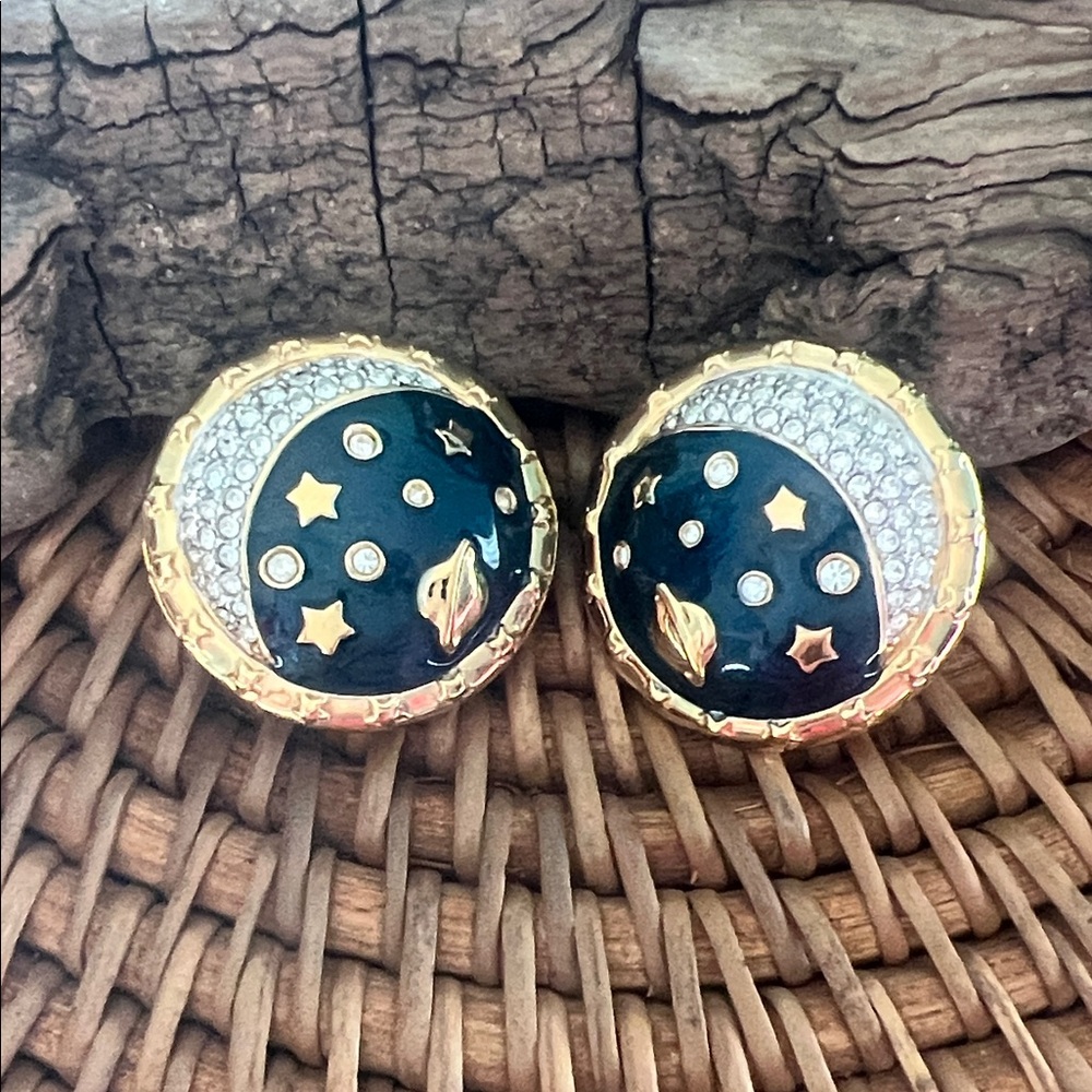 Swarovski blue and gold enamal Starry Night Earrings. Clip on.
